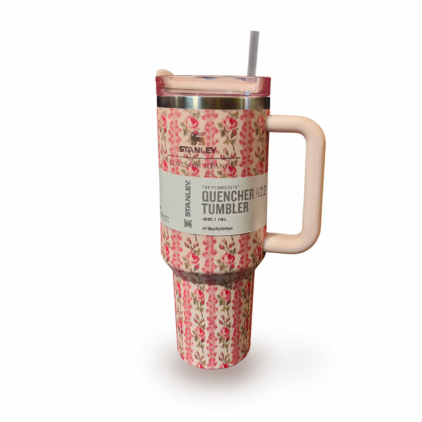 تراول ماگ گل ریز صورتی  کد STANLEY-FL  STANLEY Pink Floral Travel Mug 1.18L – Stainless Steel Insulated Tumbler