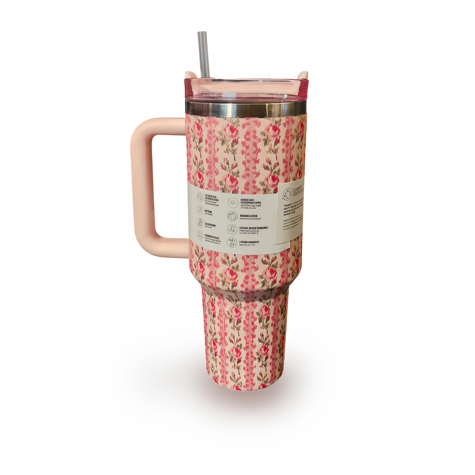 تراول ماگ گل ریز صورتی  کد STANLEY-FL  STANLEY Pink Floral Travel Mug 1.18L – Stainless Steel Insulated Tumbler