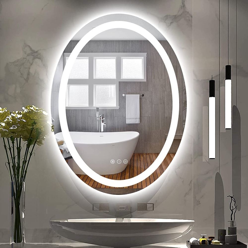 آینه ضد بخار بدون قاب بیضی نور پشت آفتابی نور دور مهتابی خطی 65 گلسموند GLASS MOND 12*L15