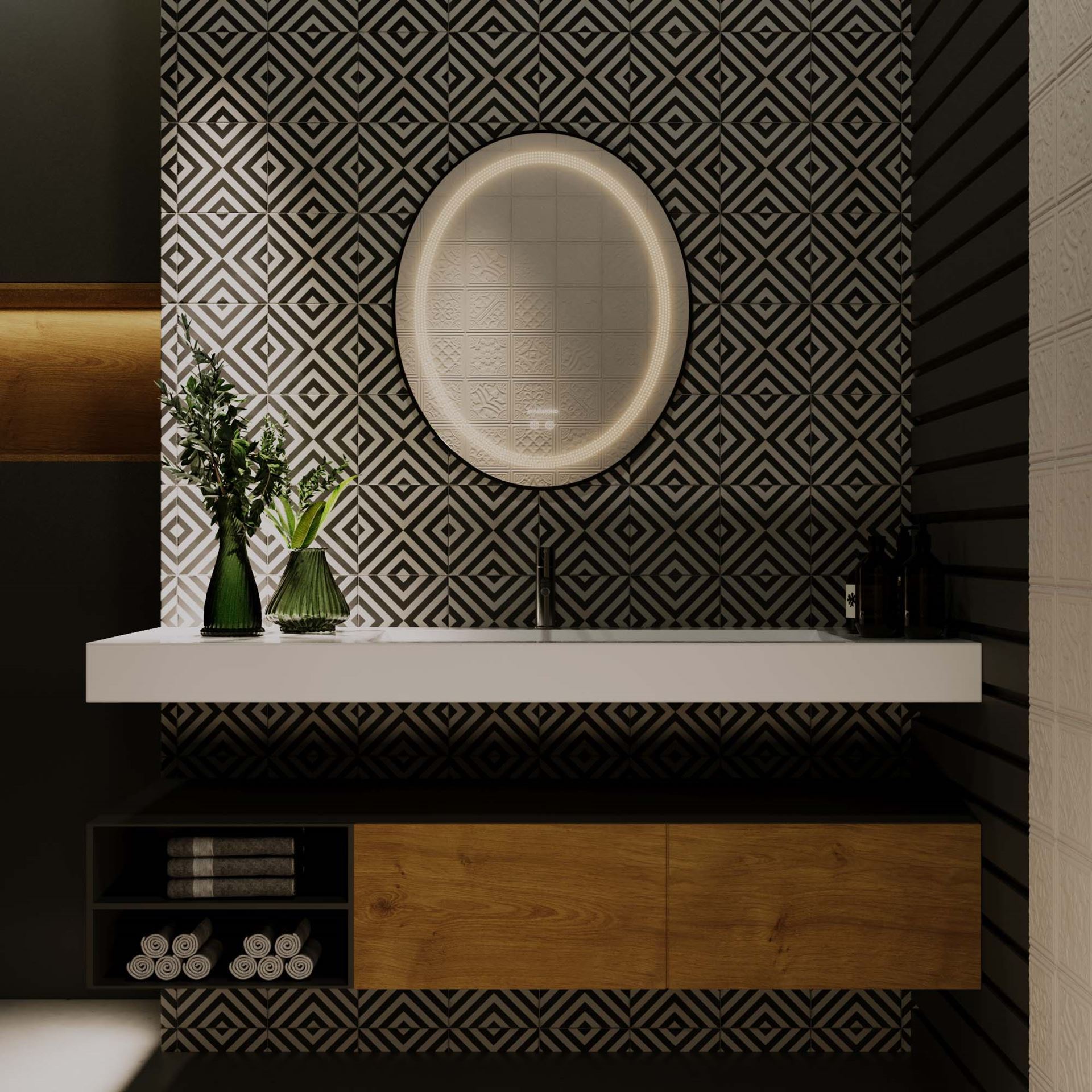 آینه بدون قاب ضد بخار بیضی نور مهتابی  خطی 65 گلسموند GLASS MOND 12*L15
