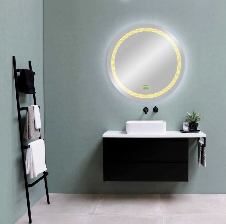 آینه ضد بخار دایره نور دور آفتابی نور پشت مهتابی سایز 70 خطی گلسموند GLASS MOND 12*L15