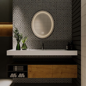 آینه ضد بخار بدون قاب نقطه ای بیضی نور دور آفتابی سایز 55*66 گلسموند GLASS MOND
